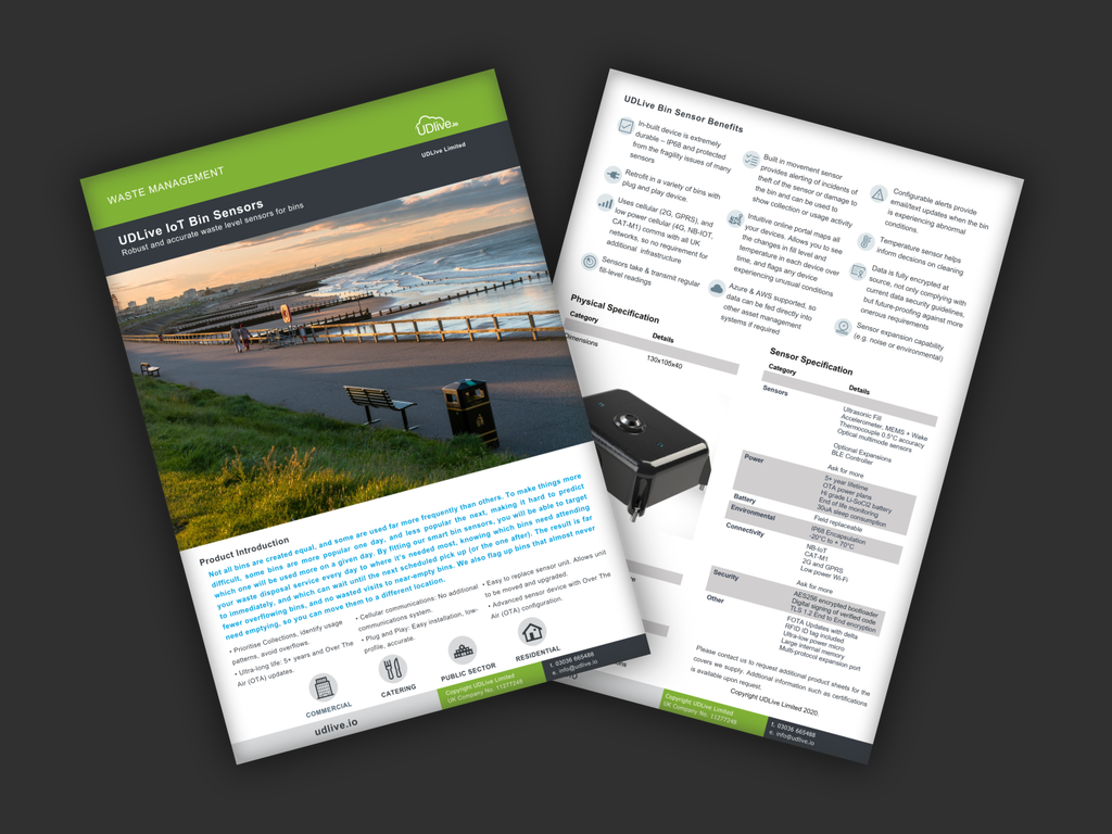 Image of the pages of the UDlive Bin Sensor datasheet.