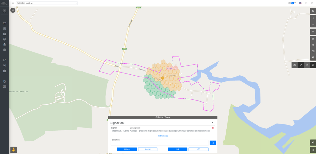 Map showing signal checker tool on the UDlive portal with a description of expected signals at a location and potential problems.