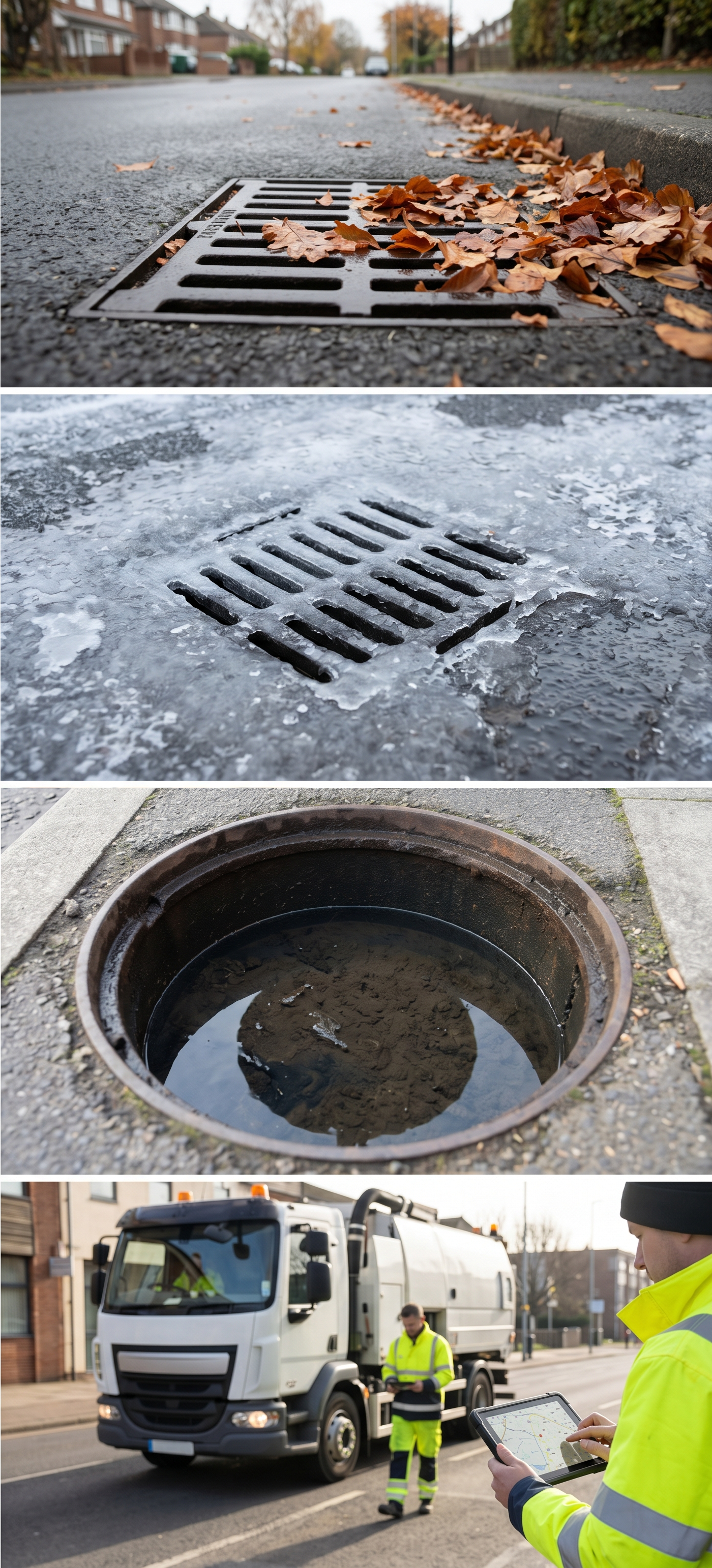 Four scenarios showing leaf blockage on a gully grate, silt build-up, ice formation, and a maintenance crew with tablet.