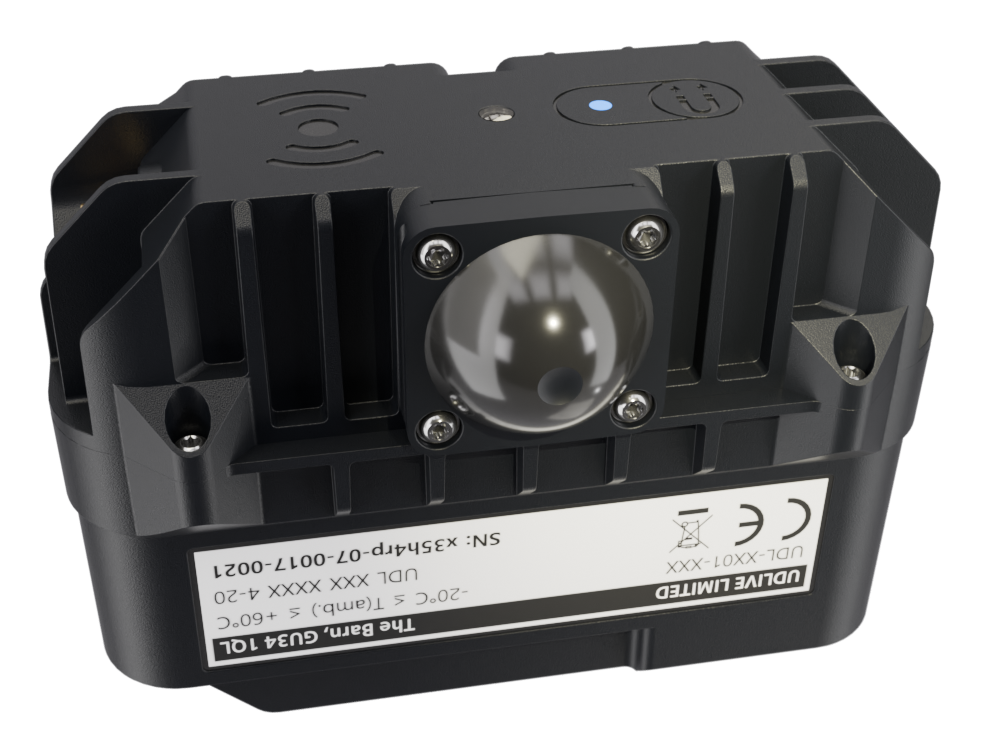 UDlive Pixel II Gully sensor showing the radar lens and product label.