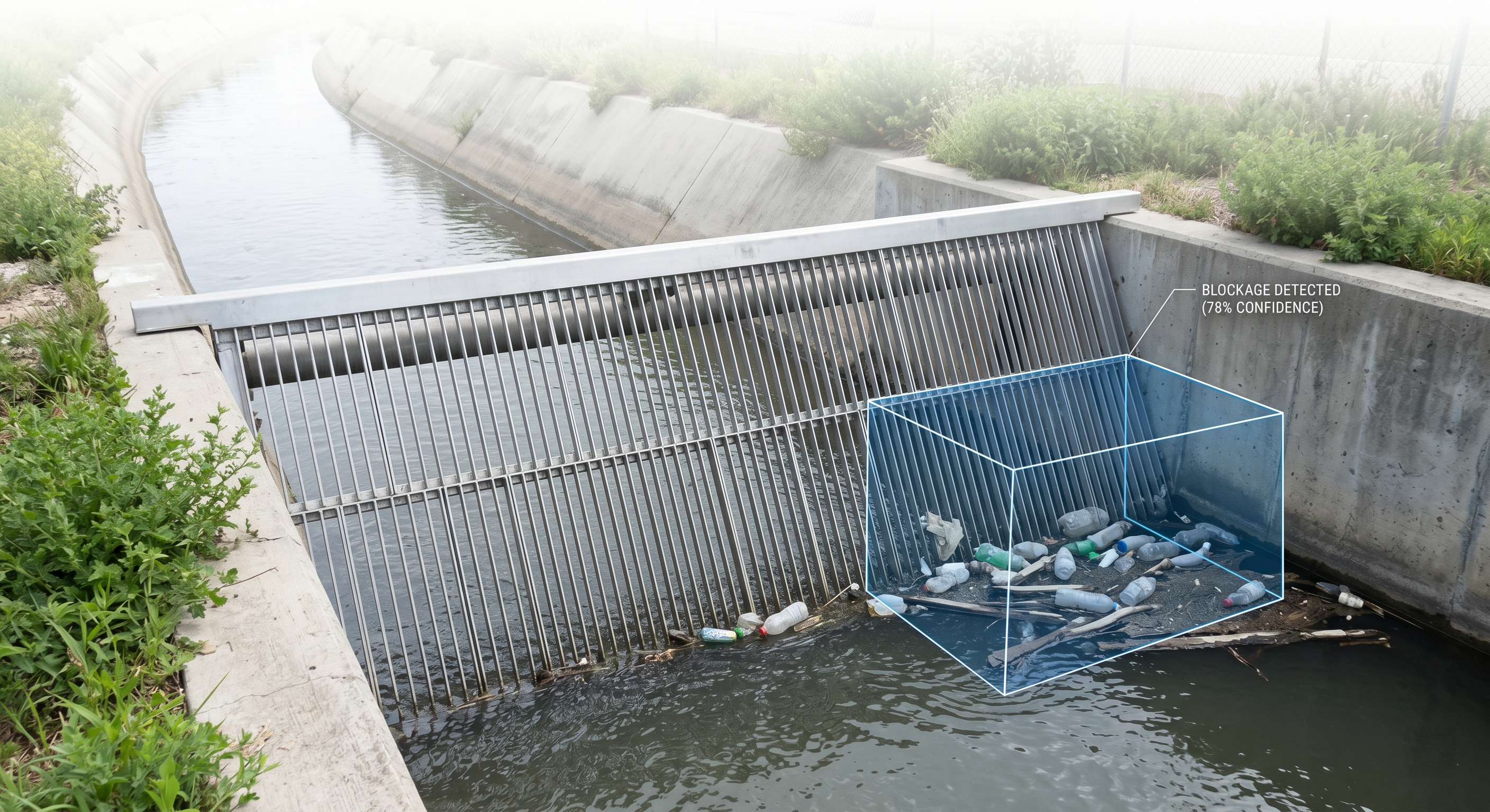 AI blockage detection showing debris identified at a drainage grate with bounding box overlay.