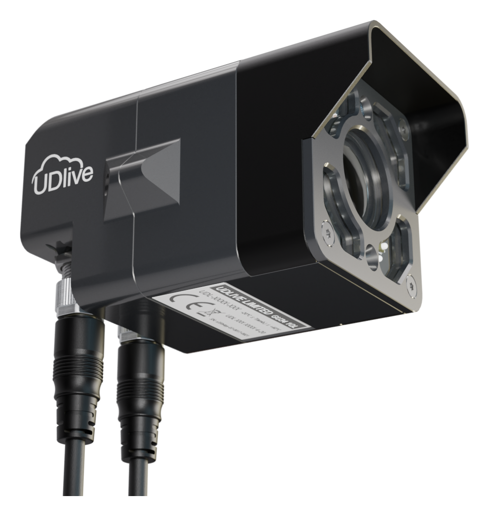 UDlive Vision camera rear view showing Ethernet and RS485 connectivity ports.