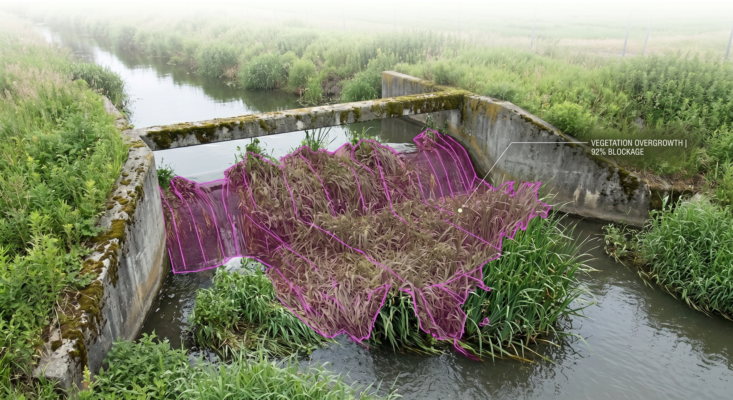AI segmentation showing vegetation overgrowth detected at a drainage structure with percentage blockage overlay.